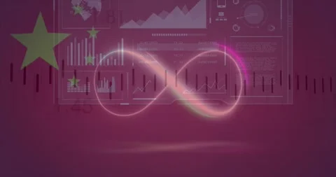 Animation of neon infinity shape over multiple screens with data processing Stockbeeldmateriaal 328239967