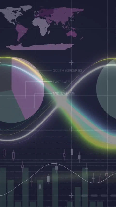 Animation of neon infinity shape over statistical data processing against black Stock Footage 343644798