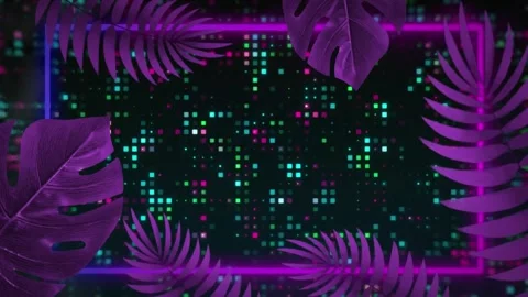 Animation of neon leaf pattern, glowing spots and data processing Stock Footage 240259235