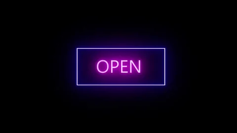 Animation neon light text OPEN in neon border on black background Stock Footage 245335277