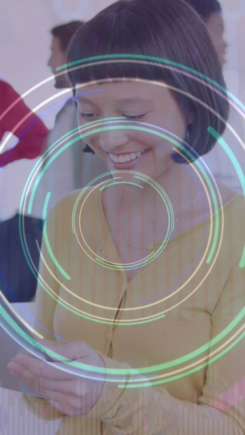 Animation of neon light trails and round scanner over asian woman using digital Stock Footage 344614063