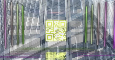 Animation of neon lines with qr code against office building Stock Footage 316217922