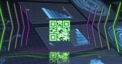 Animation of neon lines, qr code and data processing on digital screens Stock Footage 329766187