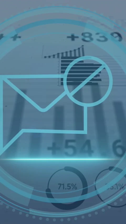 Animation of neon message icon and statistical data processing against grey Stock Footage 343955374