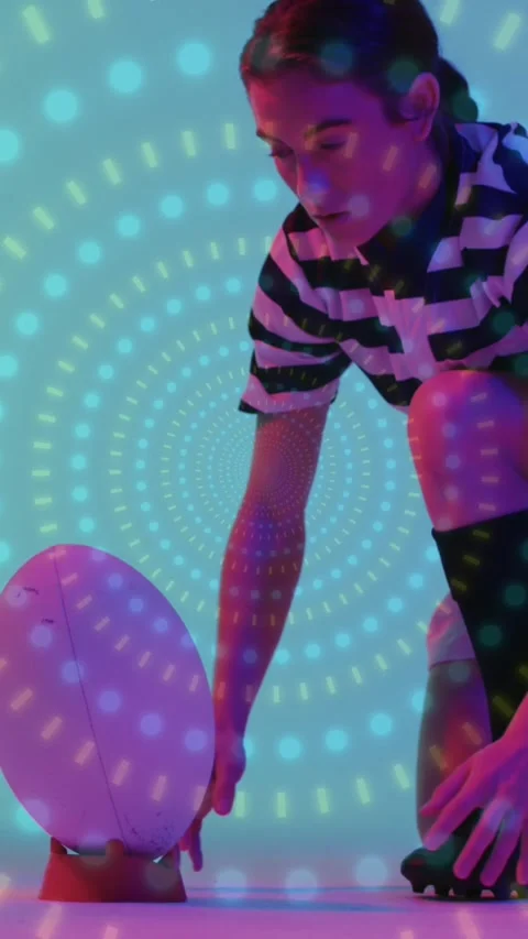 Animation of neon pattern over female rugby player on neon background Stock Footage 320165128