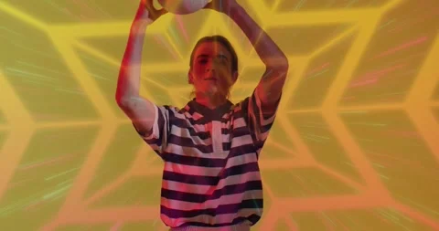 Animation of neon pattern over female rugby player on neon background Stock Footage 328582326