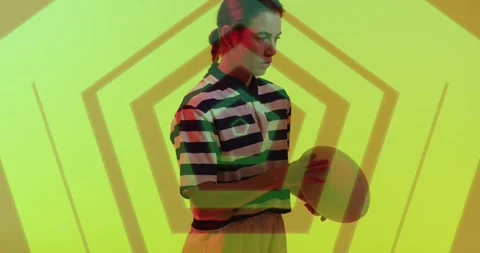 Animation of neon pattern over female rugby player on neon background Stock Footage 329102643