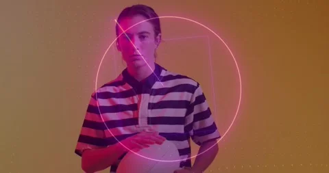 Animation of neon pattern over female rugby player on neon background Stock Footage 329356370