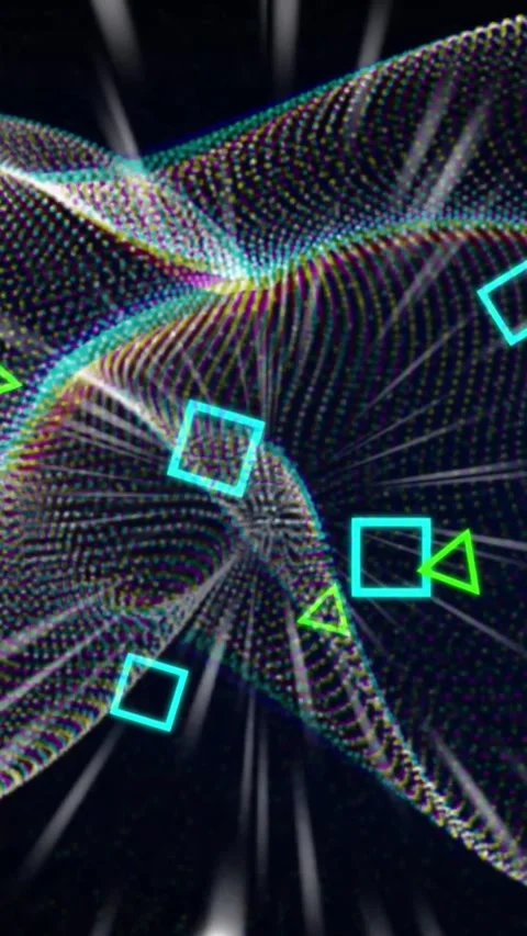 Animation of neon pattern over glowing mesh moving on seamless loop Stock Footage 344525698