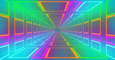 Animation of neon pattern tunnel moving on dark background Illustrazione stock