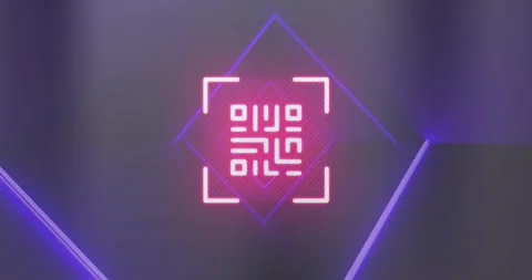 Animation of neon pink qr code scanner and light trails against blue background Stock Footage 328145633