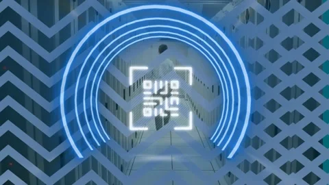 Animation of neon qr code and chevron pattern over servers and back of man 库存影片 172267869