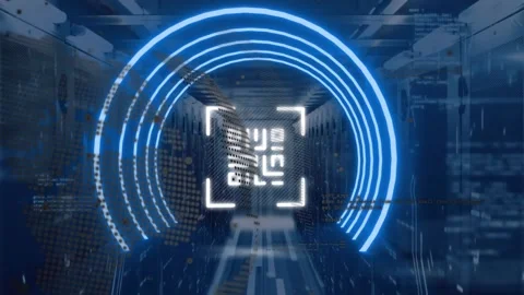 Animation of neon qr code in circles and globe over servers Stock Footage 325962563