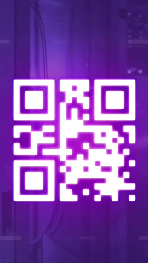 Animation of neon qr code with lines over data processing and server room Stock Footage 323420607