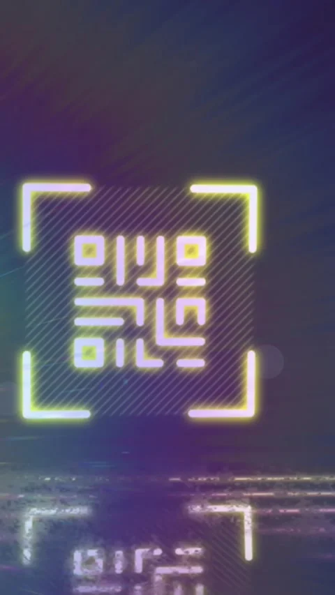 Animation of neon qr code with lines and light trails over black background Stock Footage 323420608