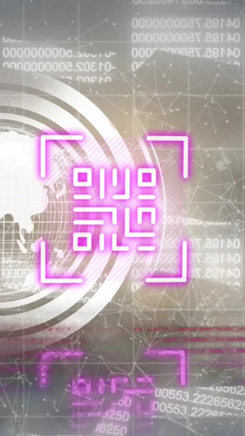 Animation of neon qr code with lines over data processing and globe on black Stock Footage 323420611