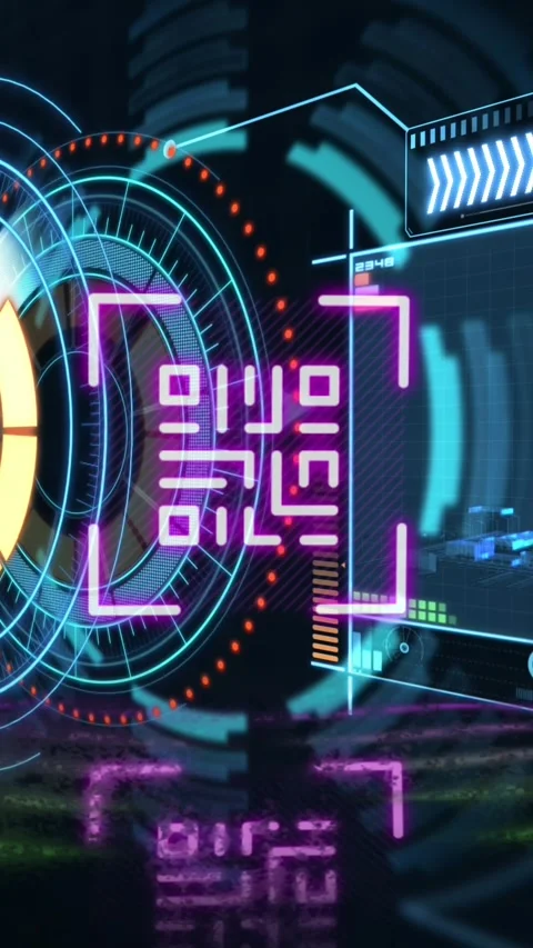 Animation of neon qr code with lines over data processing and scope scanning on Stock Footage 323420612
