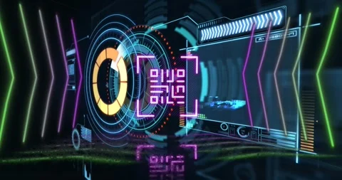 Animation of neon qr code with lines over data processing and scope scanning on Stock Footage 326882229