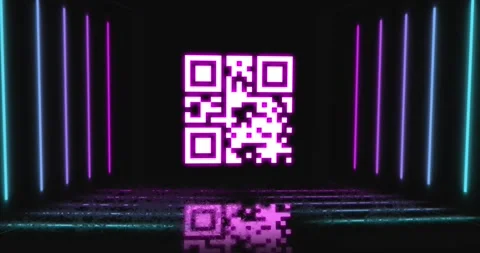 Animation of neon qr code with lines over black background Stock Footage 328410387