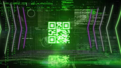 Animation of neon qr code over green space with diverse data Stock Footage 326878705