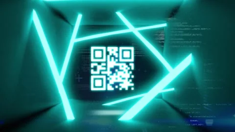 Animation on neon qr code over green tunnel with data Stock Footage 329508867