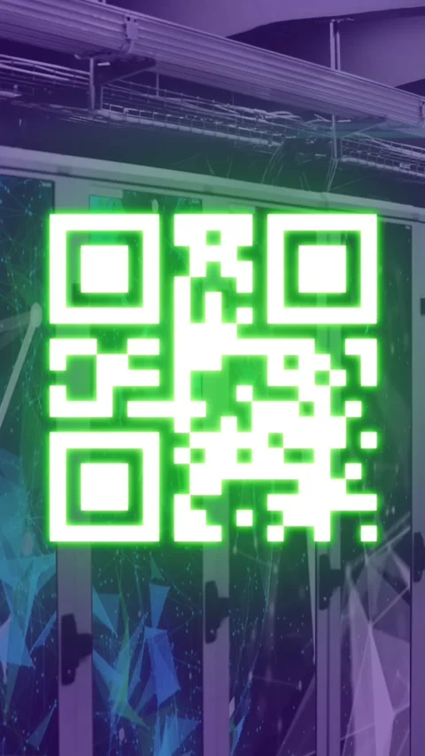 Animation of neon qr code over server room in violet Vídeos de archivo 343887514