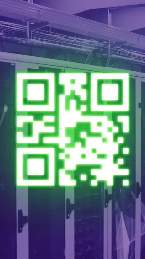 Animation of neon qr code over server room in violet 库存影片 343919501
