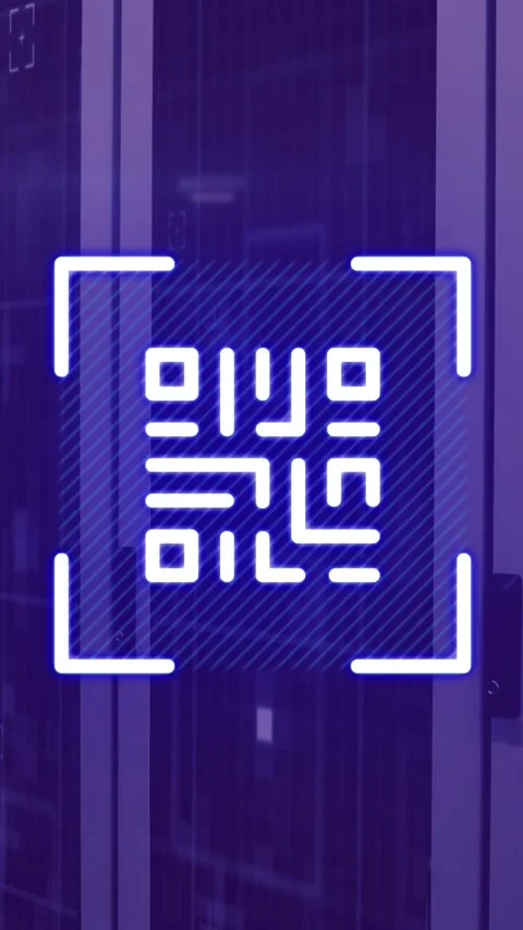 Animation of neon qr code over server room in violet Stock Footage 343919502