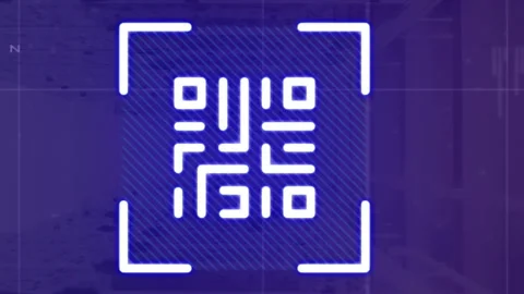Animation of neon qr code scanner and data processing against computer server Stock Footage 313166418