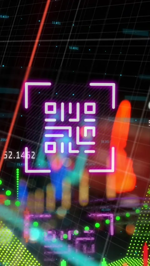 Animation of neon qr code scanner and financial data processing against night 動画素材 321440782