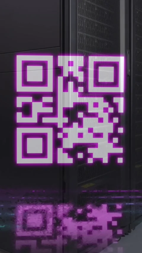 Animation of neon qr code scanner against computer server room Stock Footage 322559517