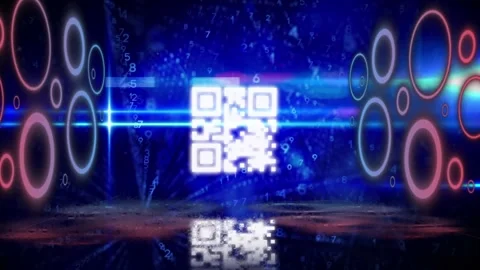 Animation of neon qr code scanner and data processing over blue light trail Stock Footage 326424232