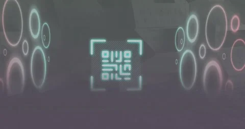 Animation of neon qr code scanner and round shapes against grey background 動画素材 326427089
