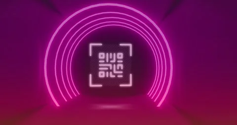 Animation of neon qr code scanner and light trails against purple background Stock Footage 326886048