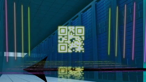 Animation of neon qr code scanner and arrow icon against computer server room Stock Footage 327785211