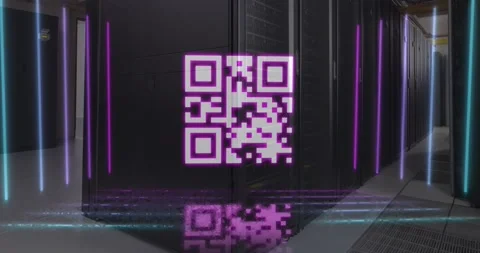 Animation of neon qr code scanner against computer server room Stock Footage 327847355