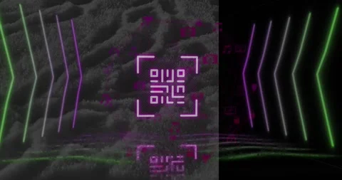 Animation of neon qr code scanner and globes of digital icons spinning against Stock Footage 327847802