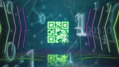 Animation of neon qr code scanner and binary coding over dna structure against 動画素材 328154206