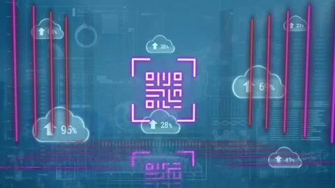 Animation of neon qr code scanner over interface with data processing on blue Video stock 328357280