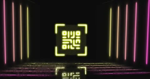Animation of neon qr code scanner and light trails against black background Stock Footage 329166538
