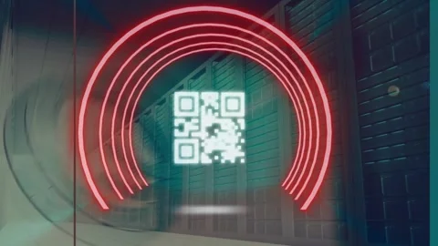Animation of neon qr code scanner and round scanners against computer server Video stock 329222907
