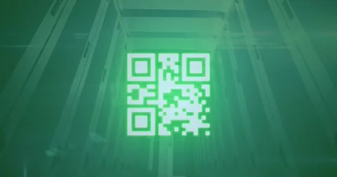 Animation of neon qr code scanner and data processing against computer server Stock Footage 329414576