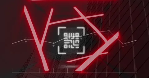 Animation of neon qr code scanner and statistical data processing against grey Video stock 329579448