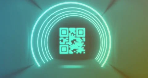 Animation of neon qr code scanner and light trails against blue background Stock Footage 329710761