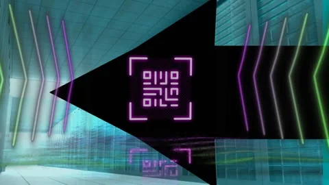 Animation of neon qr code scanner over arrow icon and data processing against Stock Footage 330058241