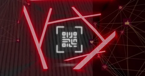 Animation of neon qr code scanner and globes of digital icons spinning against Stock Footage 330659538