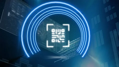 Animation of neon qr code scanner over interface with data processing against Stock Footage 330731989