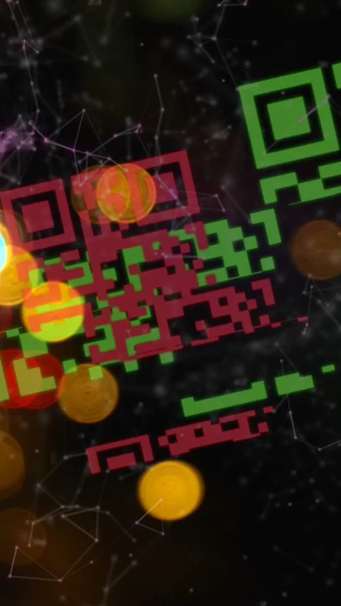Animation of neon qr code scanner and network of connections over spots of light Stock Footage 341991316