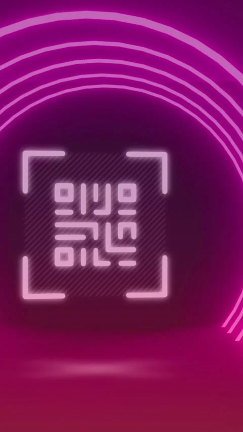 Animation of neon qr code scanner and light trails against purple background Stock Footage 343828777
