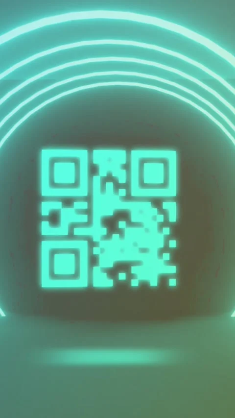 Animation of neon qr code scanner and light trails against blue background Video stock 343867759